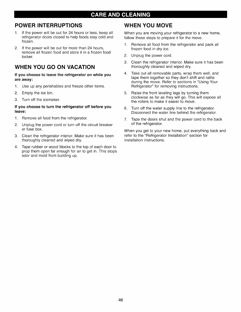 Power interruptions, When you go on vacation, When you move | Kenmore 41003 User Manual | Page 46 / 50