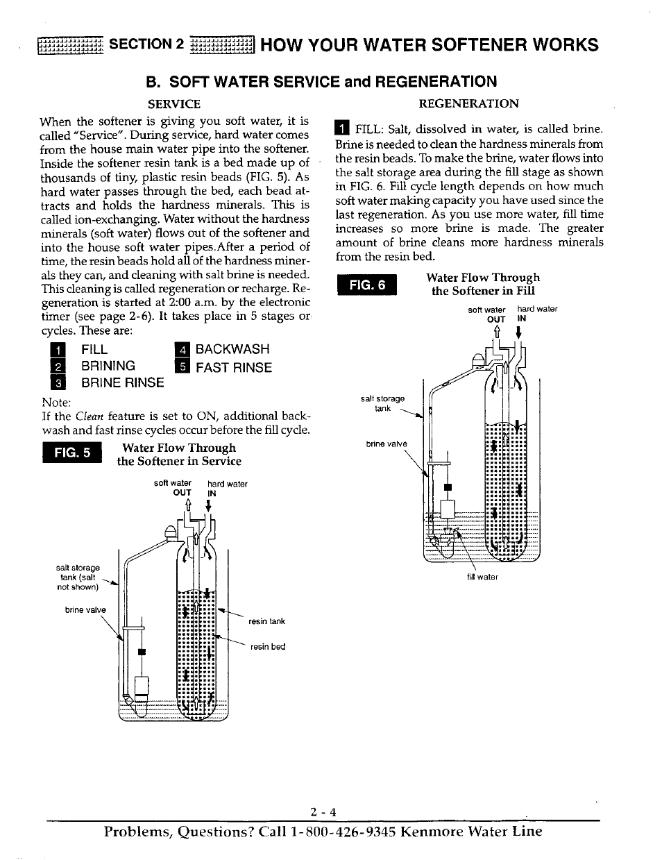 N fill b backwash, Brining b fast rinse, Brine rinse | How your water softener works, B. soft water service and regeneration | Kenmore ULTRASOFT 250 625.38826 User Manual | Page 13 / 36