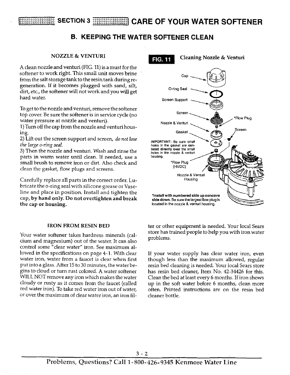 Nozzle & venturi, Fig. 11, Iron from resin bed | Care of your water softener, B. keeping the water softener clean | Kenmore ULTRASOFT 250 625.38826 User Manual | Page 17 / 36