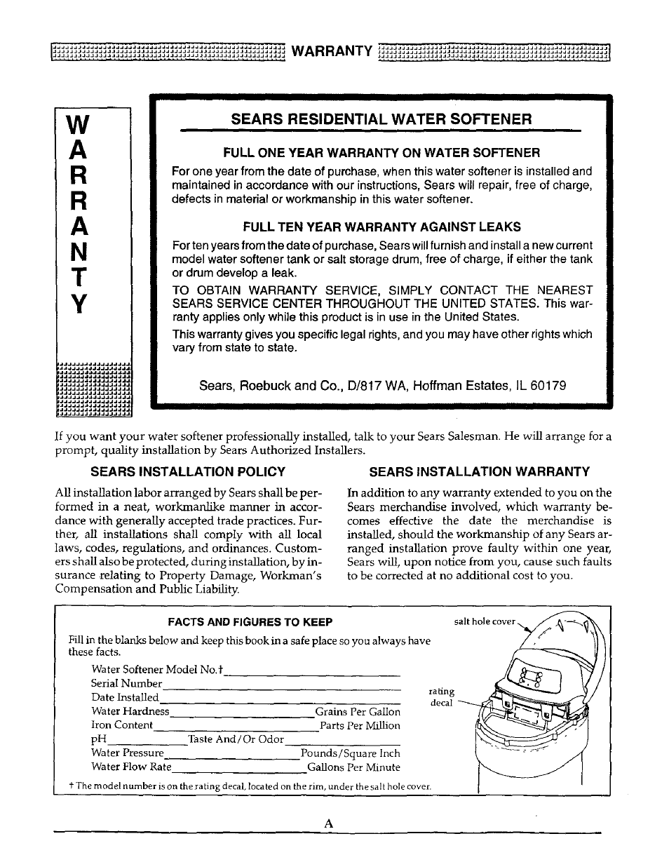 Full one year warranty on water softener, Full ten year warranty against leaks, Sears installation policy | Sears installation warranty, Facts and figures to keep, Sears residential water softener | Kenmore ULTRASOFT 250 625.38826 User Manual | Page 2 / 36
