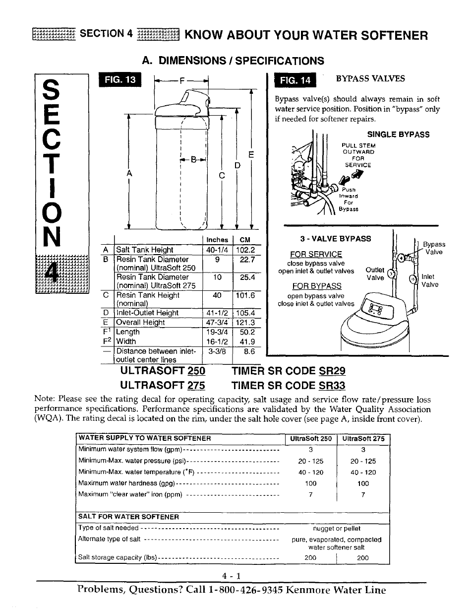 Bypass valves, Know about your water softener, A. dimensions / specifications | Kenmore ULTRASOFT 250 625.38826 User Manual | Page 20 / 36