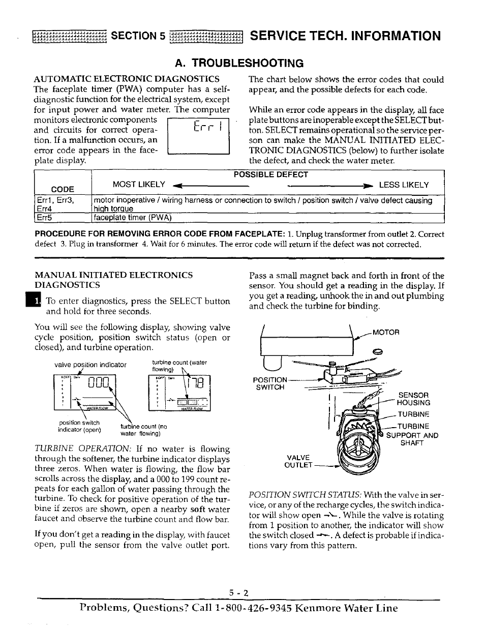 Automatic electronic diagnostics, Code, Possible defect | Manual initiated electronics diagnostics, Service tech. information, A. troubleshooting | Kenmore ULTRASOFT 250 625.38826 User Manual | Page 23 / 36