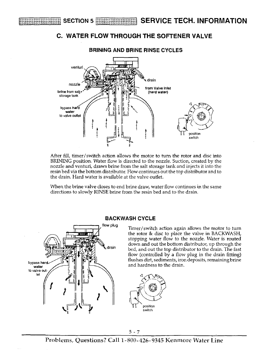 Brining and brine rinse cycles, Backwash cycle, Service tech. information | C. water flow through the softener valve | Kenmore ULTRASOFT 250 625.38826 User Manual | Page 28 / 36