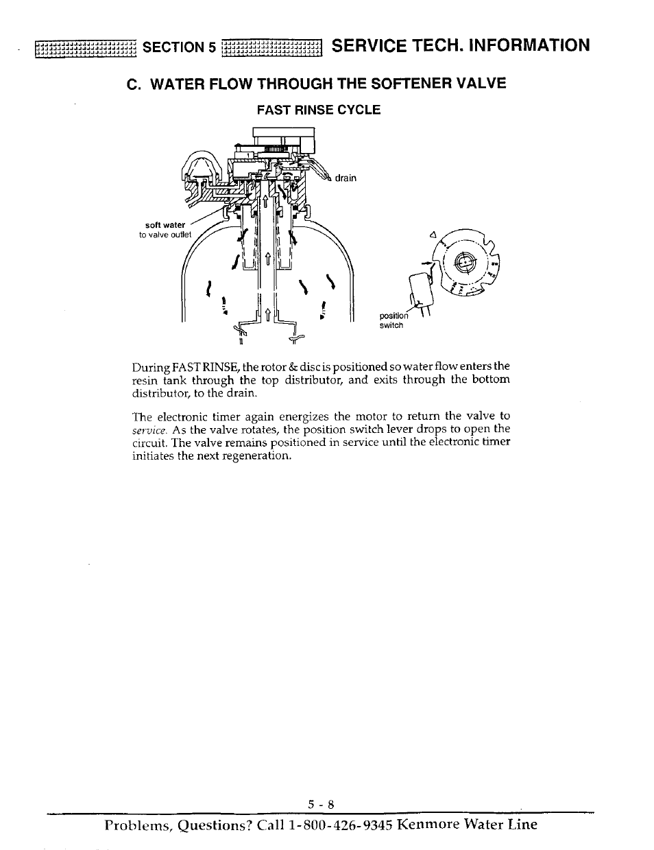 Fast rinse cycle, Service tech. information, C. water flow through the softener valve | Kenmore ULTRASOFT 250 625.38826 User Manual | Page 29 / 36