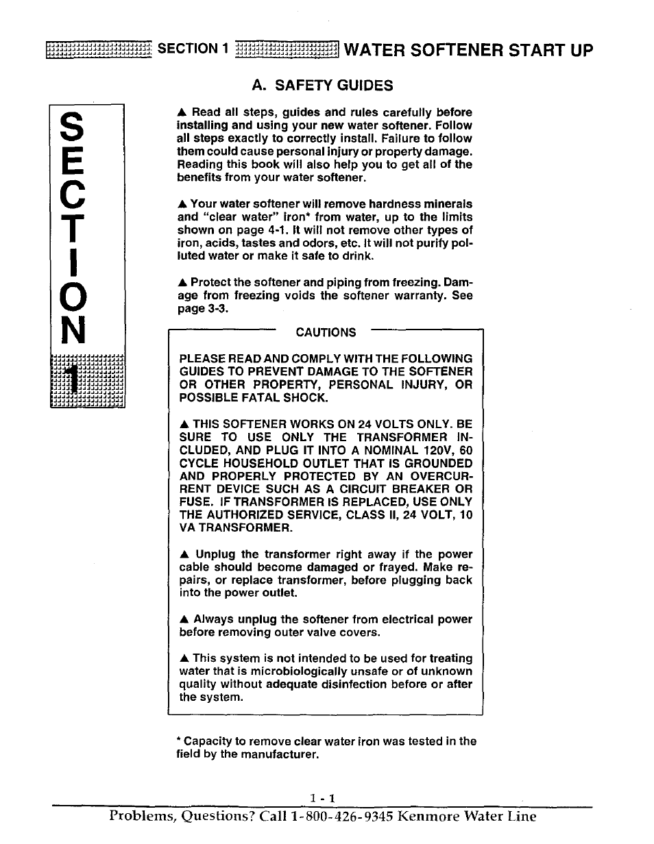 Water softener start up, Se c t i, A. safety guides | Kenmore ULTRASOFT 250 625.38826 User Manual | Page 4 / 36