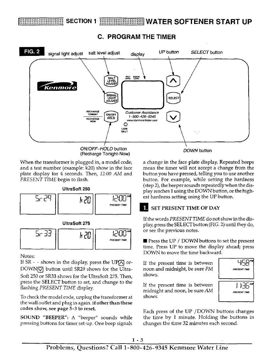 Ultrasoft 250, Water softener start up, C. program the timer | Kenmore ULTRASOFT 250 625.38826 User Manual | Page 6 / 36