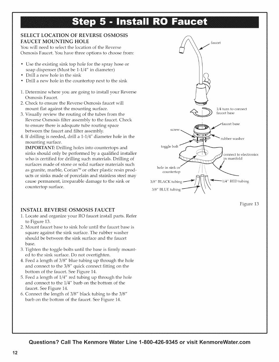 Install reverse osmosis eaucet, Step 2-lnstall reverse osmosis drain -10, Step 5 - install ro faucet | Kenmore ULTRAFILTER 650 625.38556 User Manual | Page 12 / 28