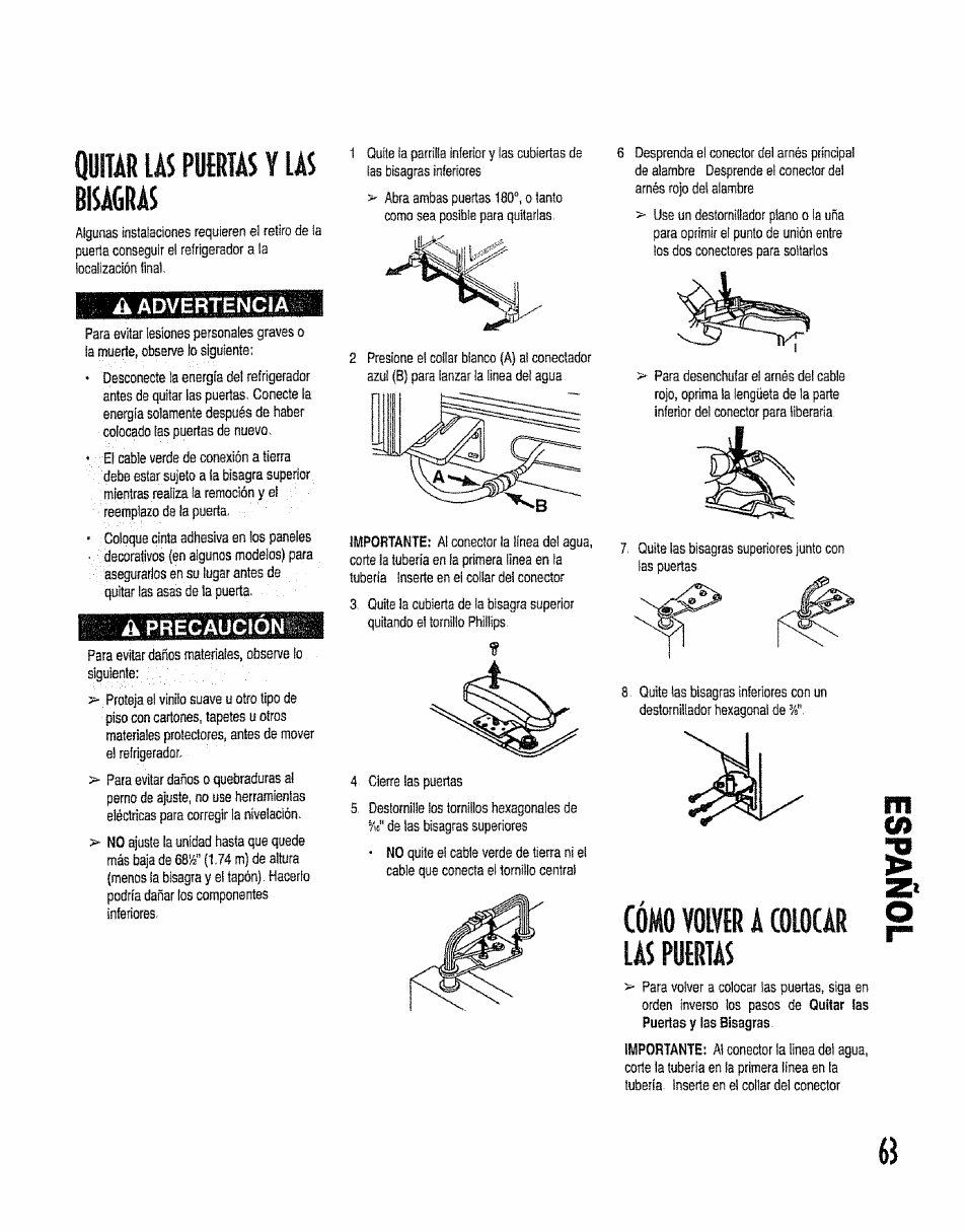 Quitar las puertas y las bisagras, Cómo volver a colocar las puertas, Aadvertincia | A precaucion | Kenmore 596.50012100 User Manual | Page 63 / 88