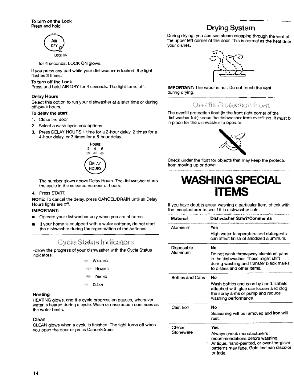 Delay hours, Heating, Clean | Washing special items, Drying system | Kenmore 665.16652 User Manual | Page 14 / 20