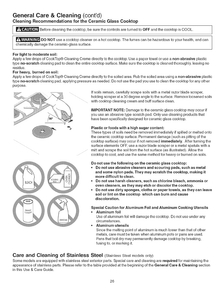 Ik caution, Ik warning, For light to moderate soil | Plastic or foods with a high sugar content, General care & cleaning (confd), Care and cleaning of stainless steel | Kenmore 790.754 User Manual | Page 26 / 30