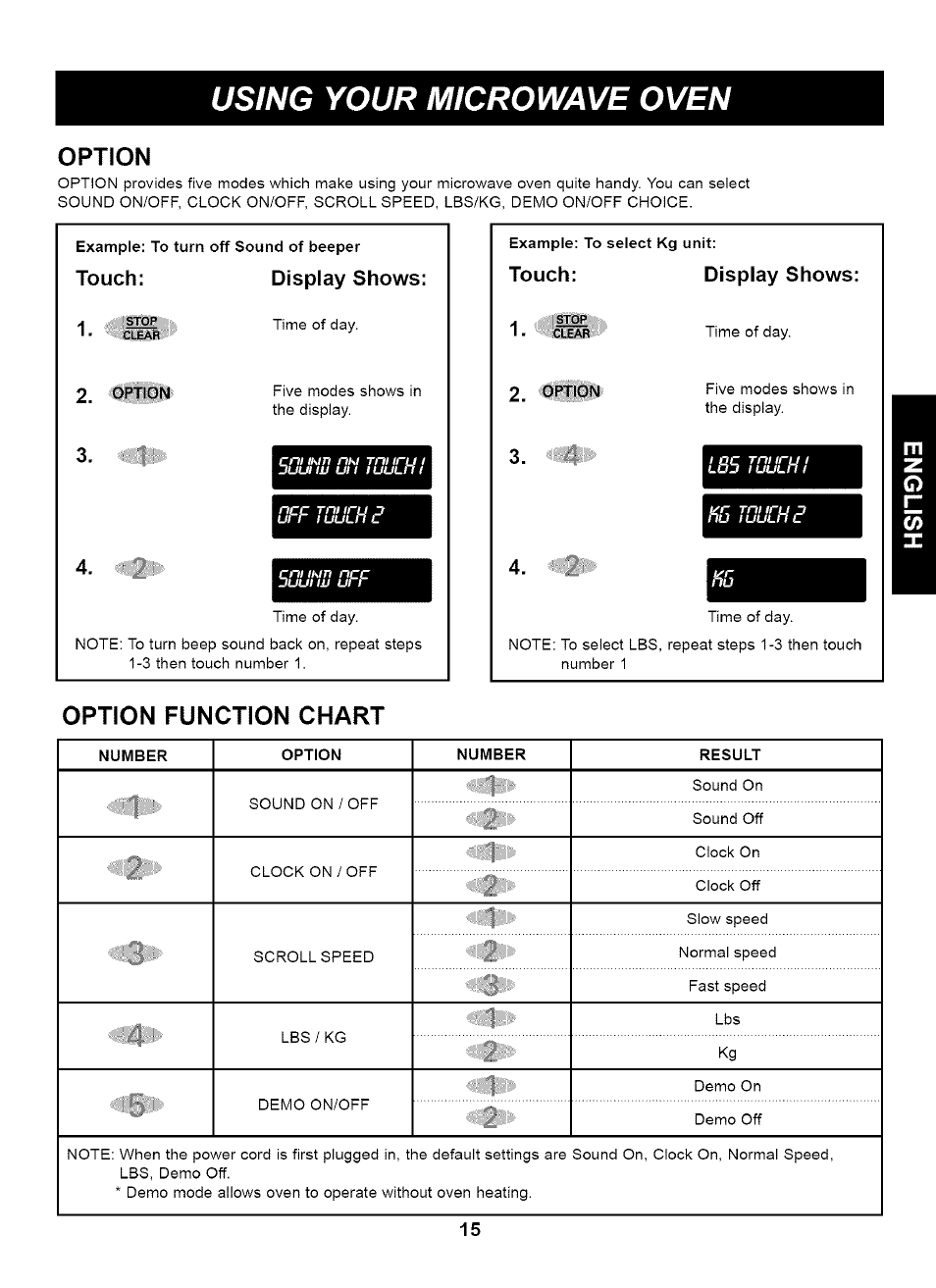Example: to turn off sound of beeper, Touch, Option | Display shows, Example; to select kg unit, Touch: display shows, Using your microwave oven, Option function chart | Kenmore HORNO DE MICROONDAS 721.61283 User Manual | Page 15 / 21
