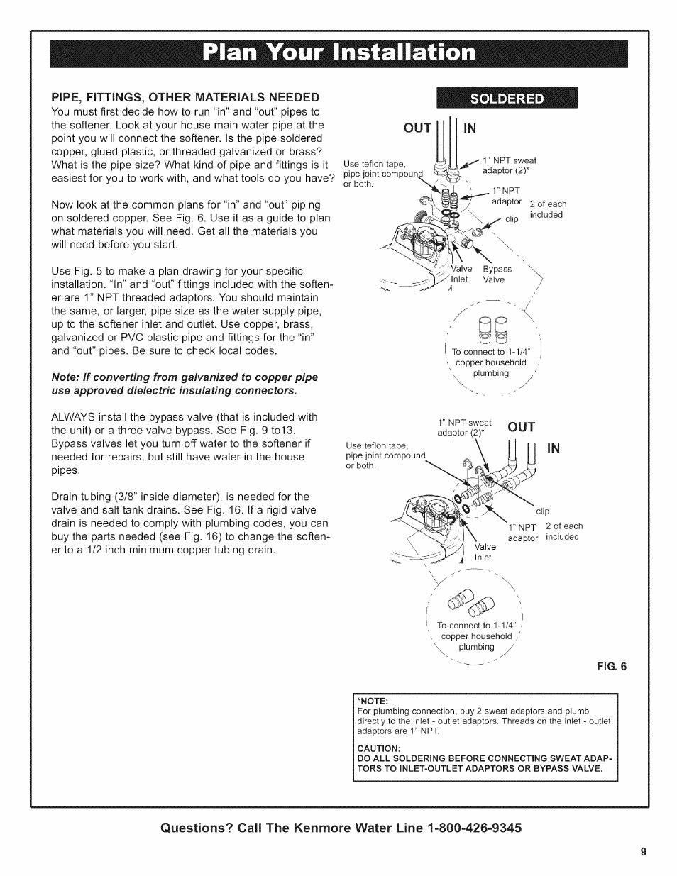 Pipe, fittings, other materials needed, Fig. 6, Plan your installation | If converting from galvanized to, Pipe use approved dielectric insulating connectors, Soldered | Kenmore 625.38376 User Manual | Page 9 / 48