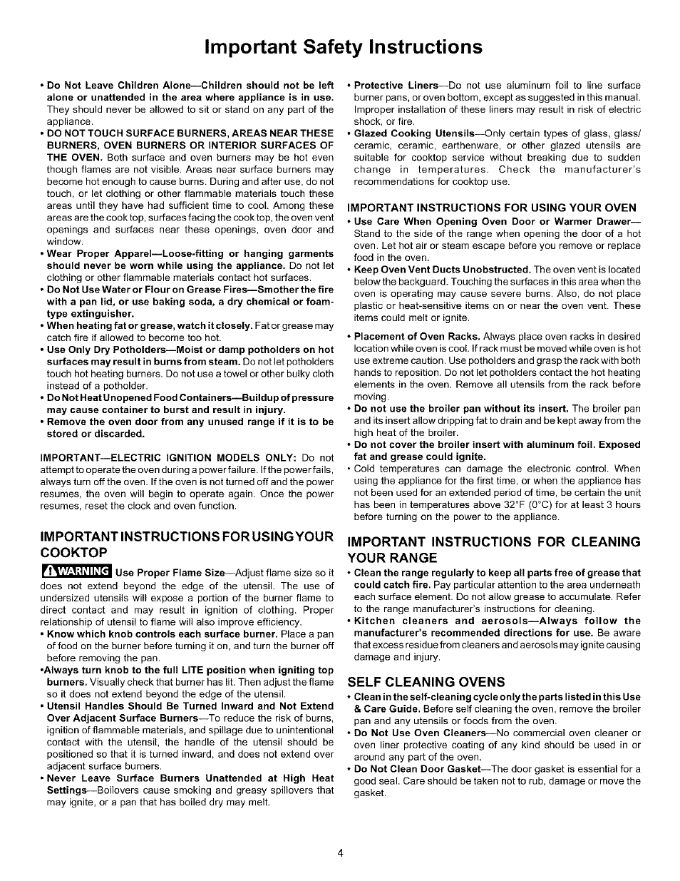 Important instructions for using your cooktop, Important instructions for cleaning your range, Self cleaning ovens | Important safety instructions | Kenmore 790.75604 User Manual | Page 4 / 24