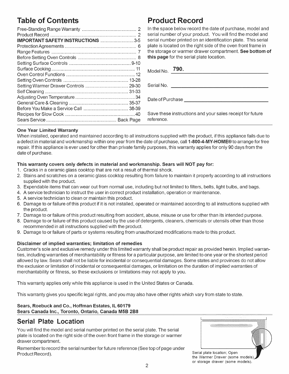 Table of contents product record, One year limited warranty, Serial plate location | Kenmore 790.7889 User Manual | Page 2 / 42