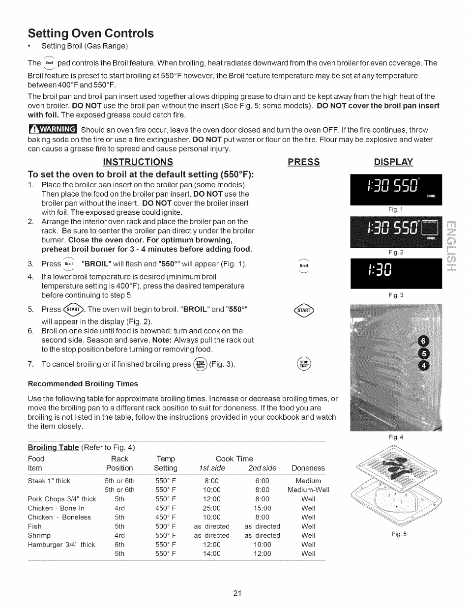 Ik warning, Display, Jn ccn | Recommended broiling times, 550‘d, Setting oven controls, Instructions | Kenmore 790.7889 User Manual | Page 21 / 42