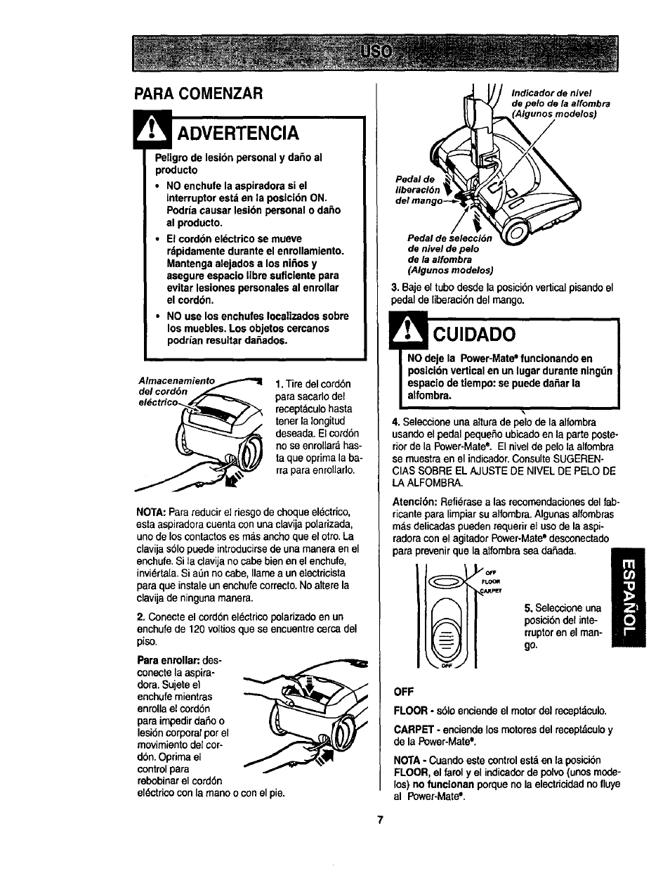 Para comenzar, Advertencia, Cuidado | Rn сл "10 | Kenmore ASPIRADORA 116.23513 User Manual | Page 27 / 40