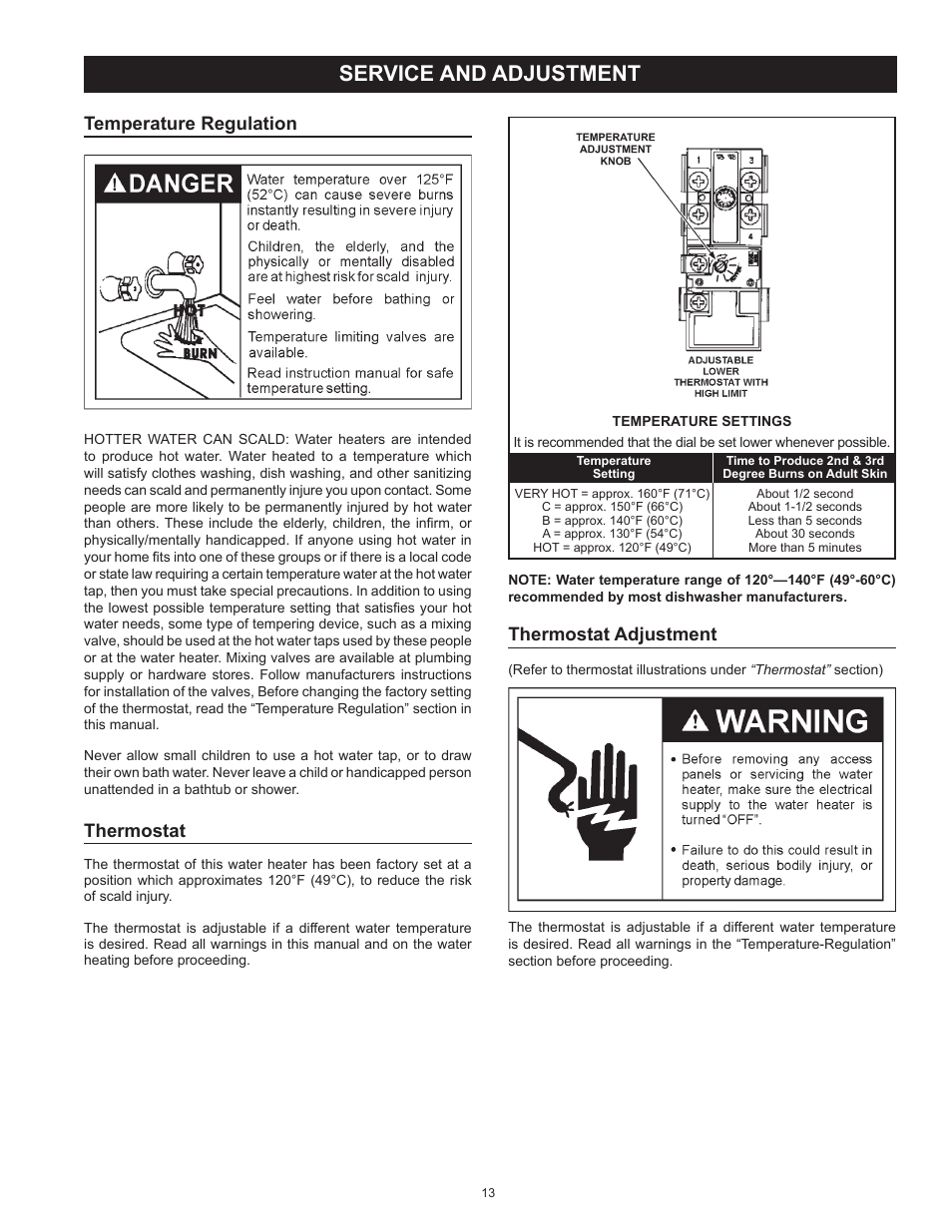 Service and adjustment, Thermostat adjustment, Temperature regulation | Thermostat | Kenmore The Economizer(TM) 6 Compact Electric 153.31604 User Manual | Page 13 / 24