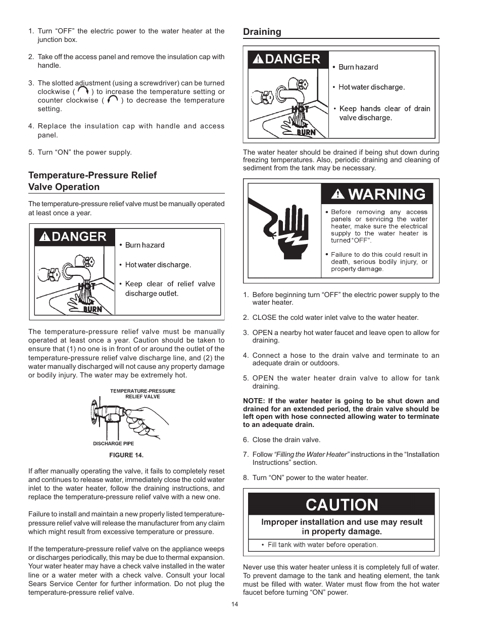 Temperature-pressure relief valve operation, Draining | Kenmore The Economizer(TM) 6 Compact Electric 153.31604 User Manual | Page 14 / 24