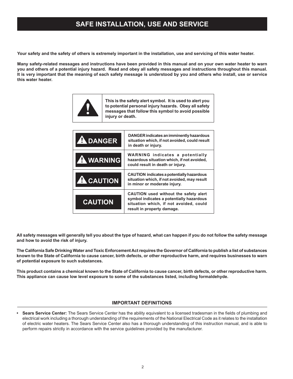 Safe installation, use and service, Danger warning caution, Caution | Kenmore The Economizer(TM) 6 Compact Electric 153.31604 User Manual | Page 2 / 24