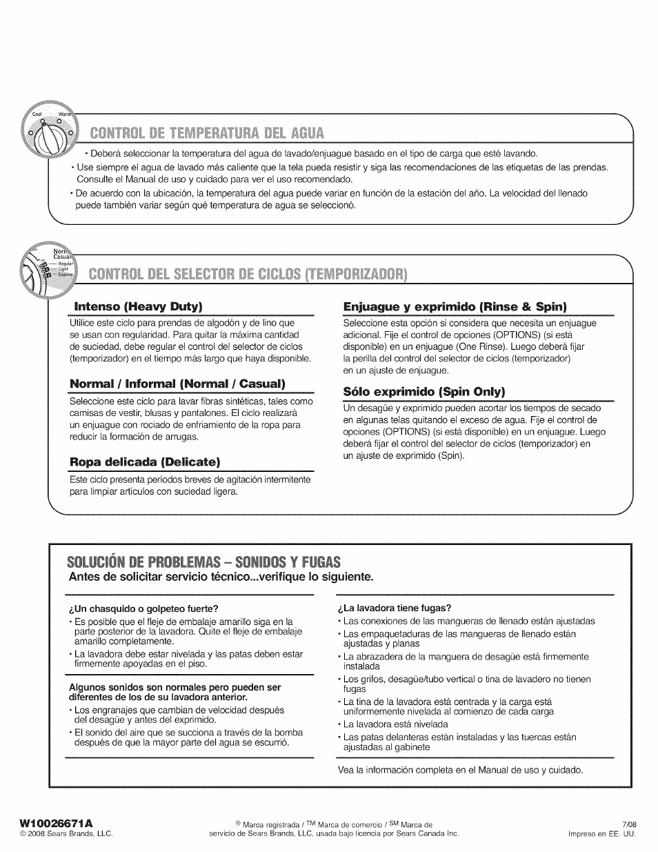 Intenso (heavy duty), Normal / informal (normal / casual), Ropa delicada (delicate) | Enjuague y exprimido (rinse & spin), Sólo exprimido (spin only), Solución de problemas - sonidos y fugas, Normal | Kenmore W10026671A User Manual | Page 5 / 6