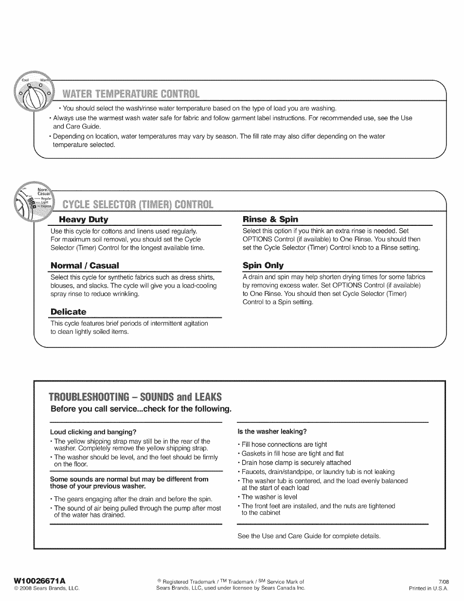 Heavy duty, Normal / casual, Delicate | Rinse & spin, Spin only, Sounds and leaks | Kenmore W10026671A User Manual | Page 6 / 6