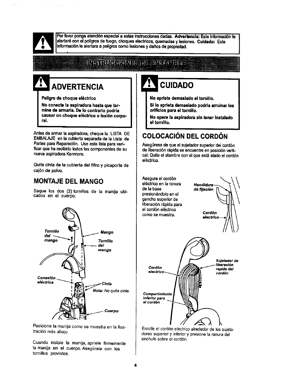 Advertencia, Montaje del mango, Cuidado | Colocacion del cordón | Kenmore ASPIRADORA 116.34728 User Manual | Page 26 / 44