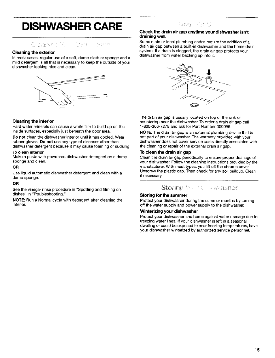 Cleaning the exterior, Cleaning the interior, Dishwasher care | Kenmore 665.15622 User Manual | Page 15 / 19