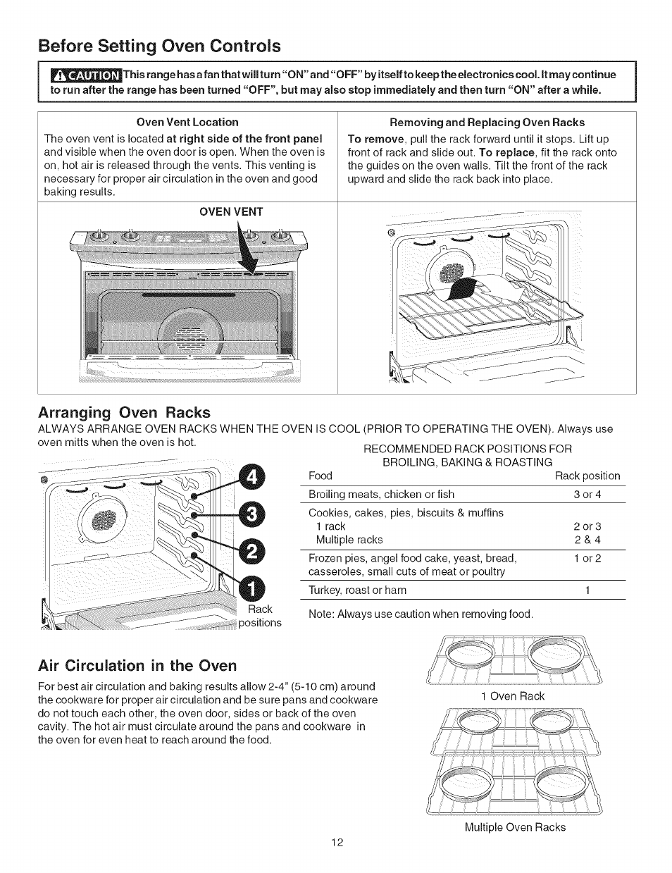 Before setting oven controls, Arranging oven racks, Air circulation in the oven | Before setting the oven controls | Kenmore ELECTRIC RANGE 790.4660 User Manual | Page 12 / 44