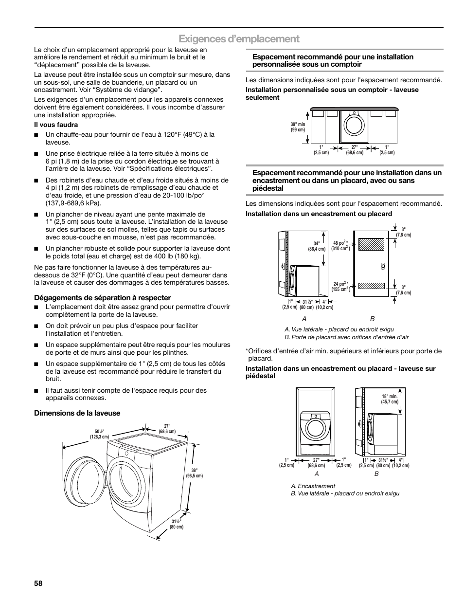 Exigences d’emplacement, Dégagements de séparation à respecter | Kenmore ELITE HE5T User Manual | Page 58 / 80
