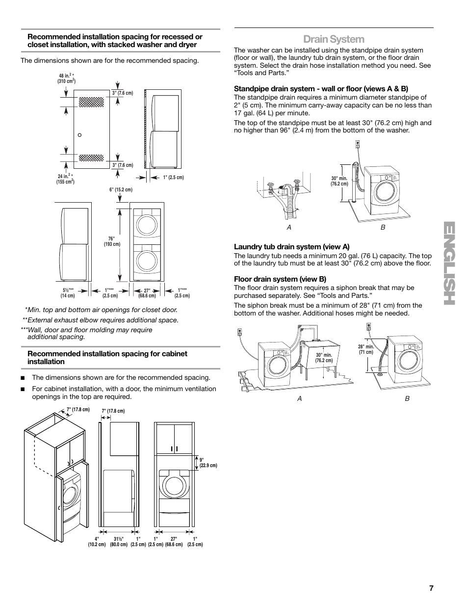 Drain system, Laundry tub drain system (view a), Floor drain system (view b) | Kenmore ELITE HE5T User Manual | Page 7 / 80