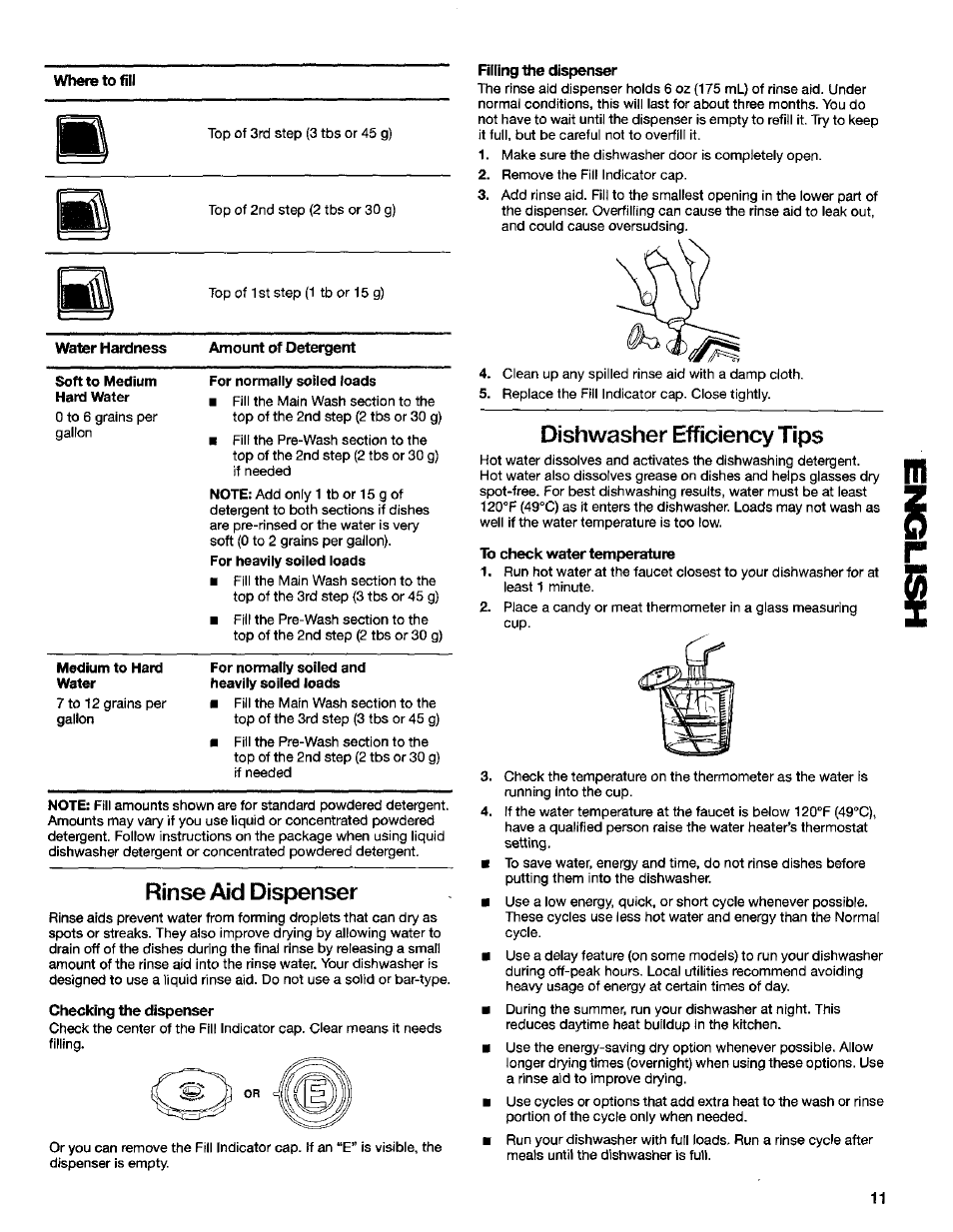Where to fill, For normally soiled and heavily soiled loads, Checking the dispenser | Rinse aid dispenser, Dishwasher efficiency tips | Kenmore 665.16734 User Manual | Page 11 / 18