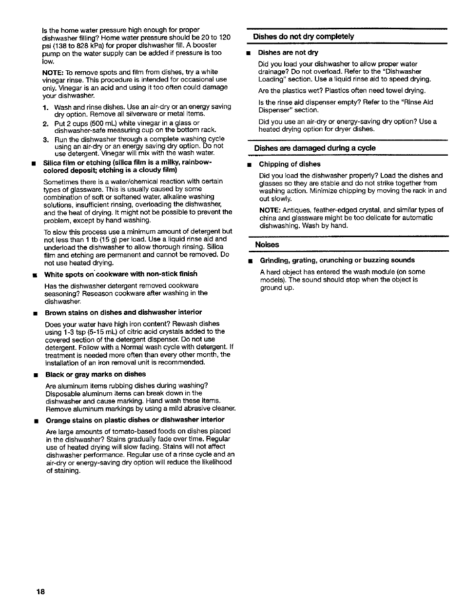 Dishes do not dry completely, Dishes are not dry, Noises | Grinding, grating, crunching or buzzing sounds | Kenmore 665.16734 User Manual | Page 18 / 18