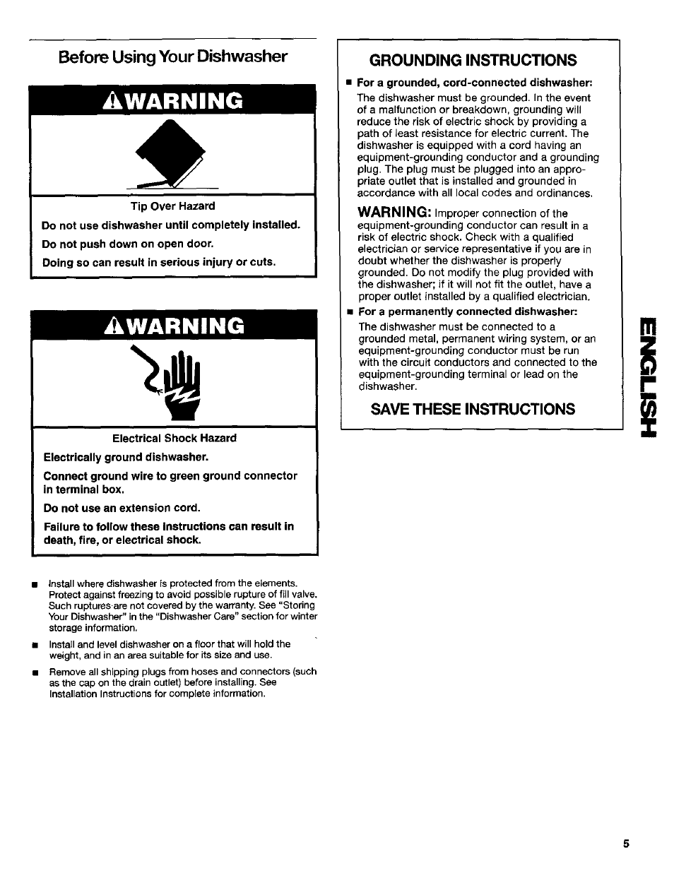 Before using your dishwasher, Tip over hazard, Electrical shock hazard | Do not use an extension cord, Storing your dishwasher, Awarning, Grounding instructions, Warning, Save these instructions | Kenmore 665.16734 User Manual | Page 5 / 18