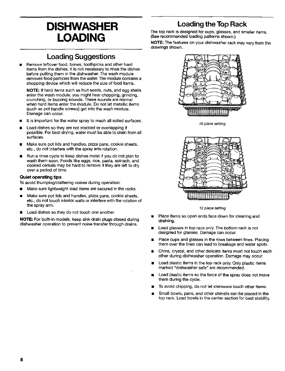 Dishwasher, Loading, Dishwasher loading | Loading suggestions, Loading the top rack | Kenmore 665.16734 User Manual | Page 8 / 18