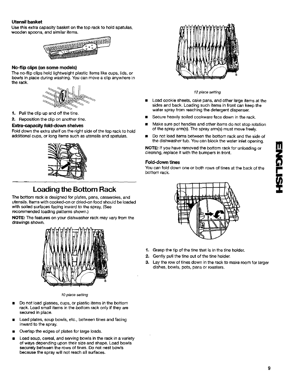 Utensil basket, No-flip clips (on some models), Extra-capacity fold-down shelves | Fold-down tines, Loading the bottom rack | Kenmore 665.16734 User Manual | Page 9 / 18