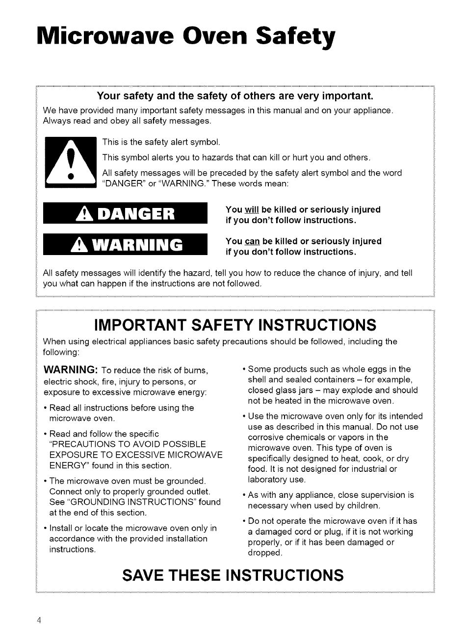 Microwave oven safety, Important safety instructions, Save these instructions | Danger, Warning | Kenmore 721.62759 User Manual | Page 4 / 31