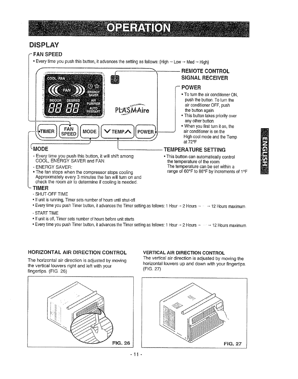 Display, Rfan speed, Remote control | Signal receiver, Power, Horizontal air direction control, Hh hh, P tas;m ai г e | Kenmore 580. 72089 User Manual | Page 11 / 40