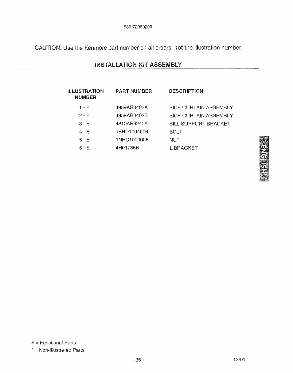 Illustration, Number, Part number | Installation kit assembly | Kenmore 580. 72089 User Manual | Page 25 / 40