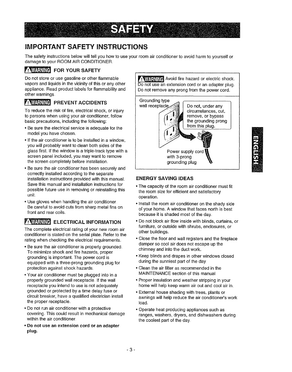 Iivipofitant safety instructions, For your safety, Energy saving ideas | Kenmore 580. 72089 User Manual | Page 3 / 40