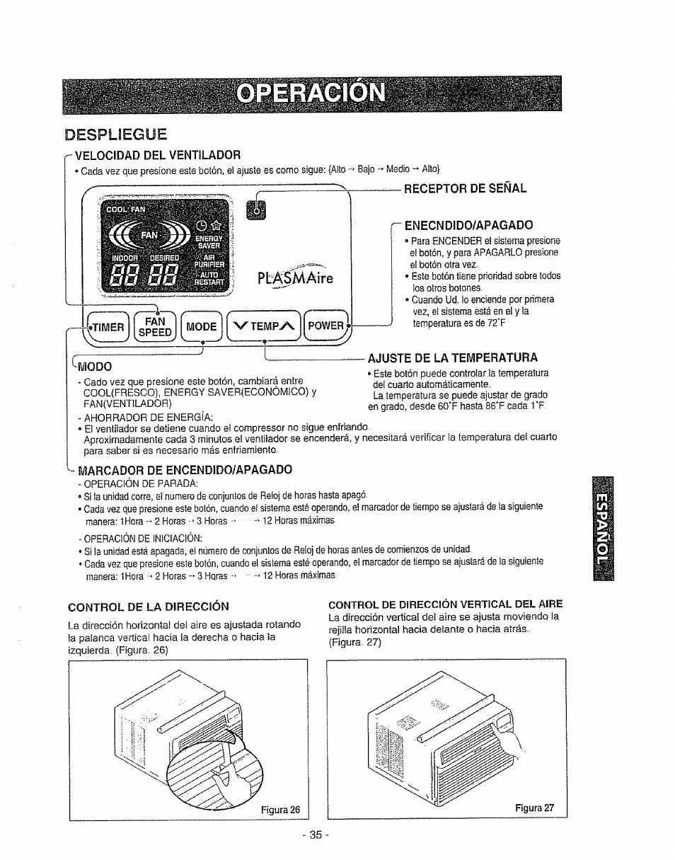 Despliegue, Velocidad del ventilador, Pg señal | Fiode, Vtempyv, Power, Enecndido/apagado, Ajuste de la temperatura, Marcador de encendido/apagado, Control de la dirección | Kenmore 580. 72089 User Manual | Page 35 / 40