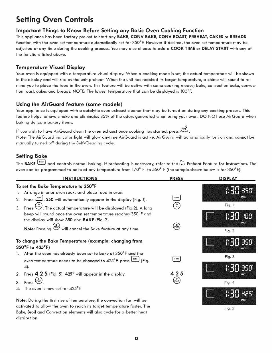 Temperature visual display, Using the airguard feature (some models), Setting bake | Instructions, Press, Display, Setting oven controls, Jn du | Kenmore 790.4809 User Manual | Page 13 / 36