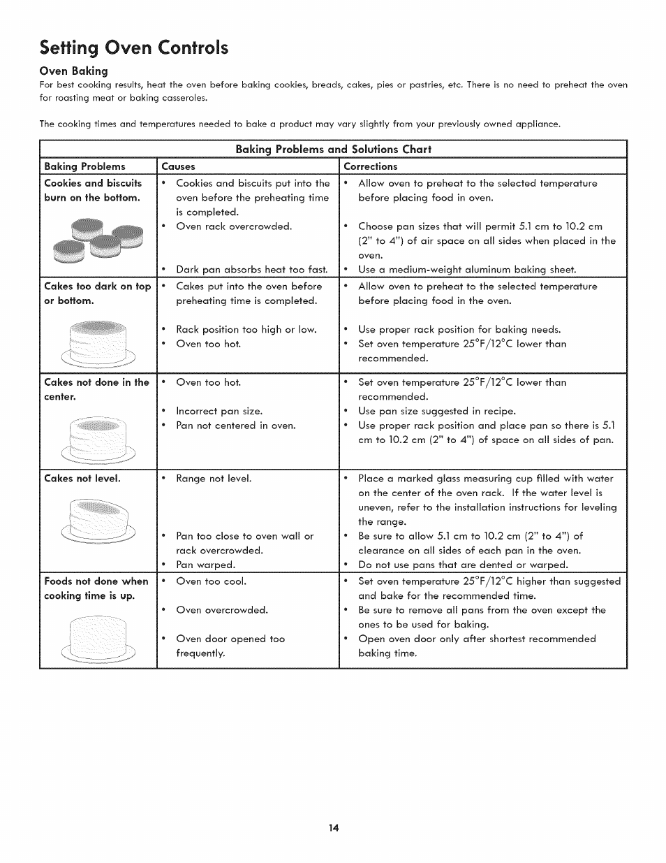 Oven baking, Baking problems and solutions chart, Setting oven controls | Kenmore 790.4809 User Manual | Page 14 / 36