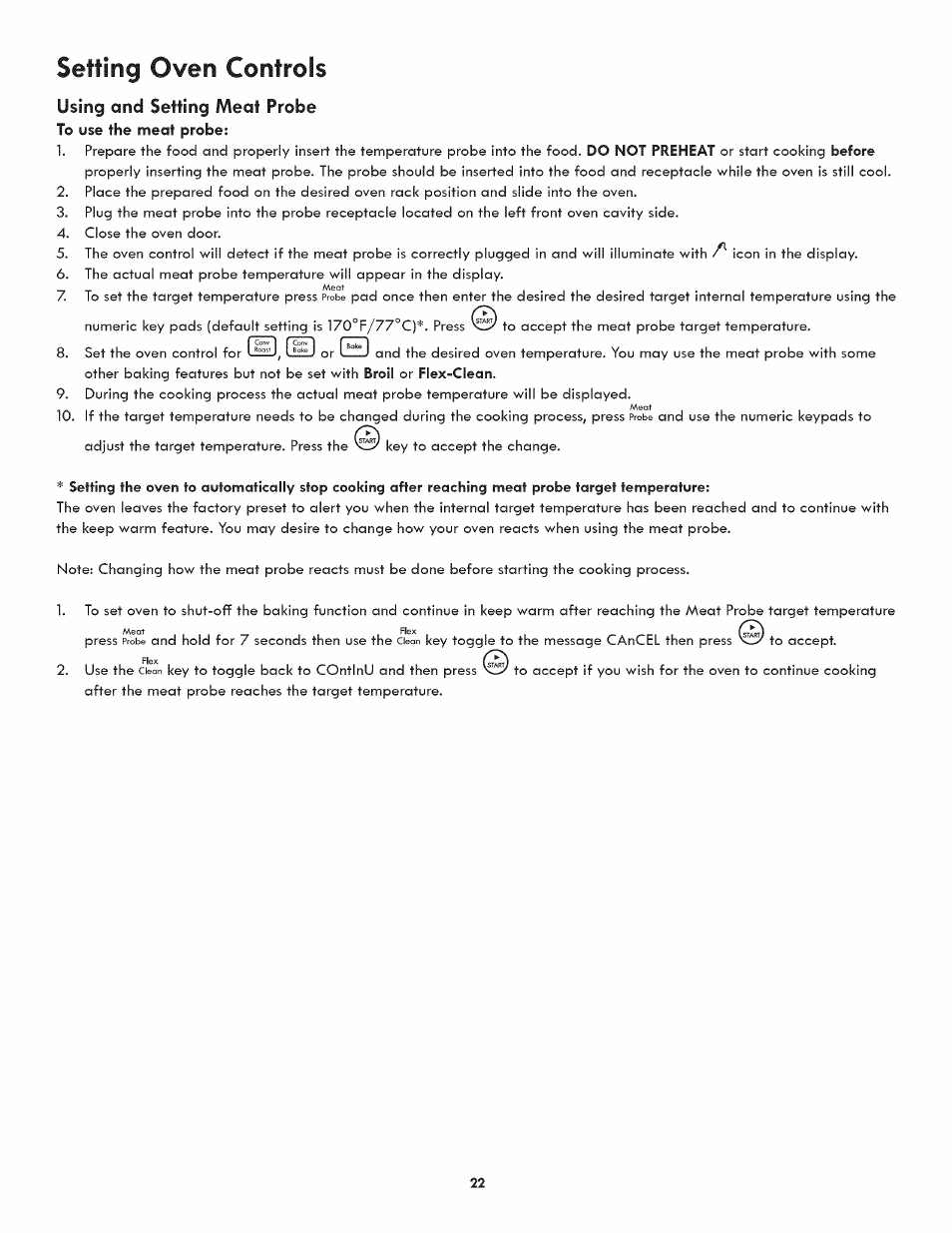 Using and setting meat probe, Setting oven controls | Kenmore 790.4809 User Manual | Page 22 / 36