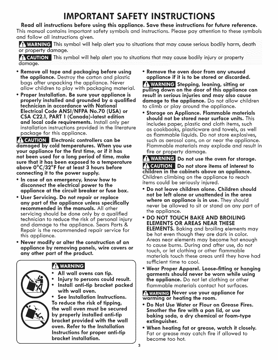 Warning, Important safety instructions | Kenmore 790.4809 User Manual | Page 3 / 36