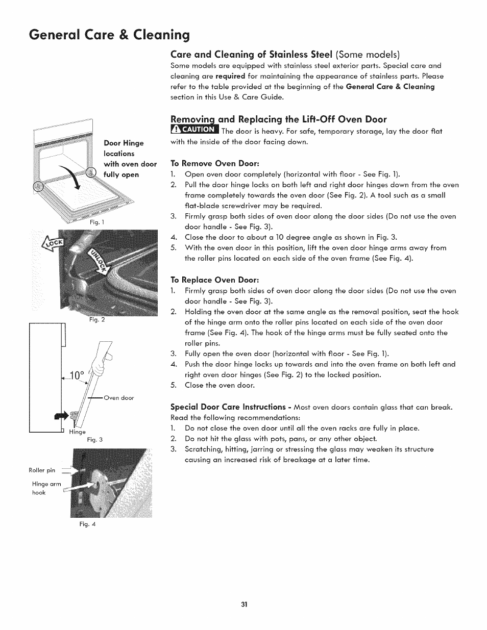 Care and cleaning of stainless steel (some models), Removing and replacing the lift-off oven door, To remove oven door | To replace oven door, General care & cleaning | Kenmore 790.4809 User Manual | Page 31 / 36
