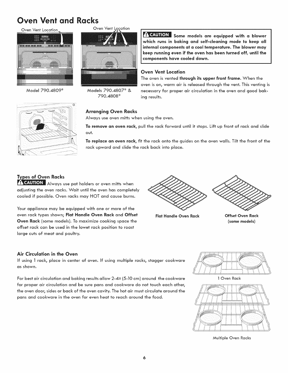 Oven vent location, Arranging oven racks, Types of oven racks | Air circulation in the oven, Oven vent and racks | Kenmore 790.4809 User Manual | Page 6 / 36