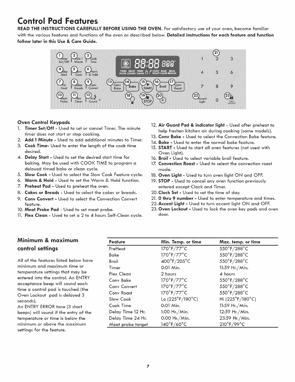 Oven control keypads, Minimum & maximum control settings, Minimum and maximum control pad settings | Control pad features | Kenmore 790.4809 User Manual | Page 7 / 36