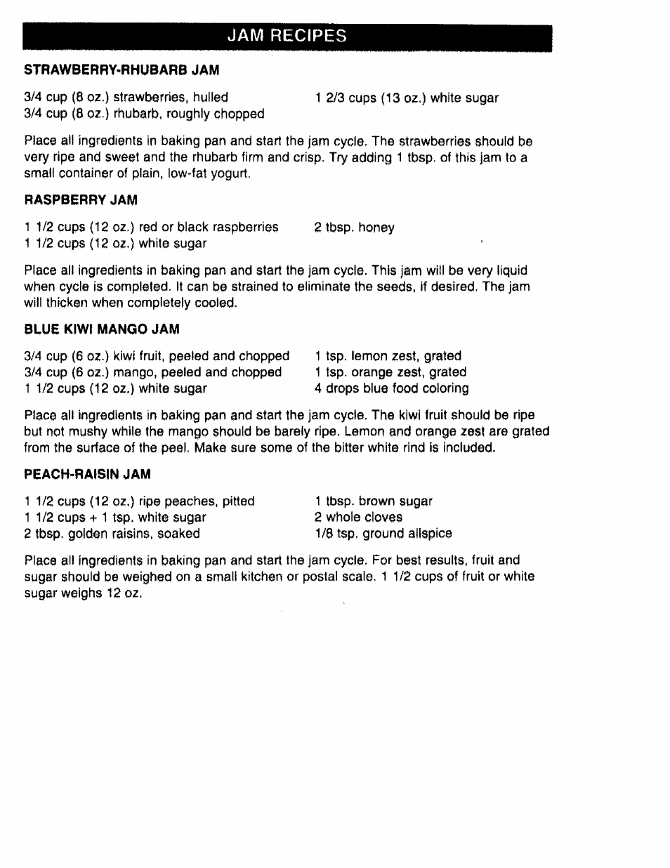 Strawberry-rhubarb jam, Raspberry jam, Blue kiwi mango jam | Peach-raisin jam, Jam recipes | Kenmore 48487 User Manual | Page 21 / 25