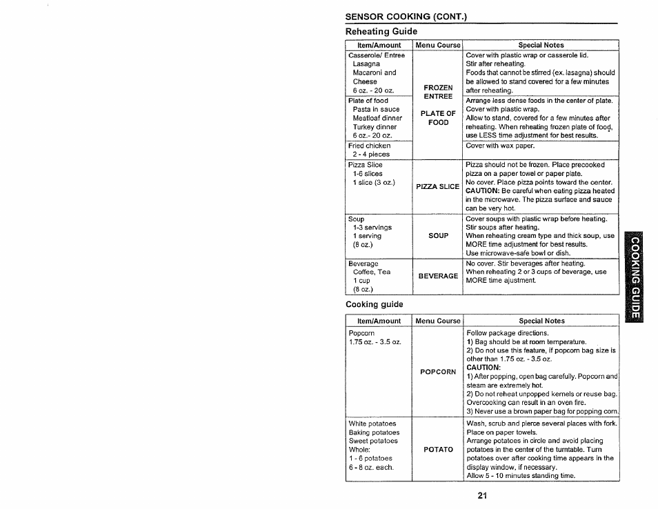 Reheating guide | Kenmore 565.60584 User Manual | Page 21 / 33