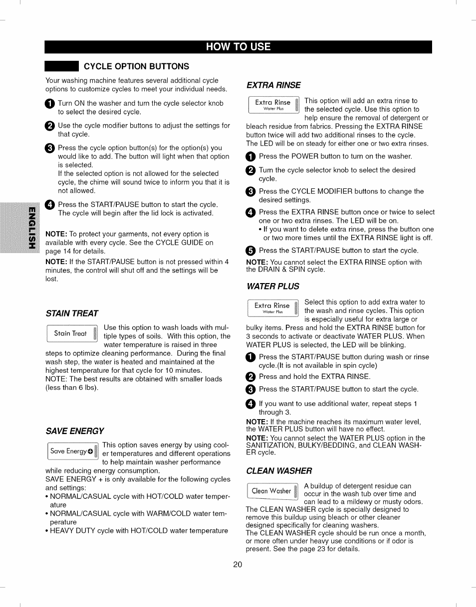 Extra rinse, Water plus, Stain treat | Save energy, Clean washer, How to use m, Water plus stain treat | Kenmore ELITE 796.292796 User Manual | Page 20 / 92